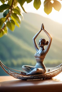 Woman in yoga pose, bent wire figure on nature backdrop, Creative figures symbol of tranquility, art and serenity intersection