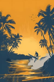 The man is surfing a wave on his board in the ocean under the sunset sky, surrounded by palm trees and lush vegetation during the afterglow