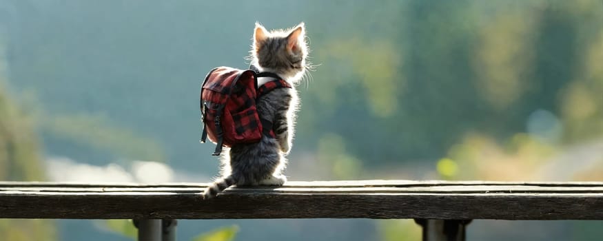 A kitten with a backpack goes on a trip. Generative AI. High quality photo