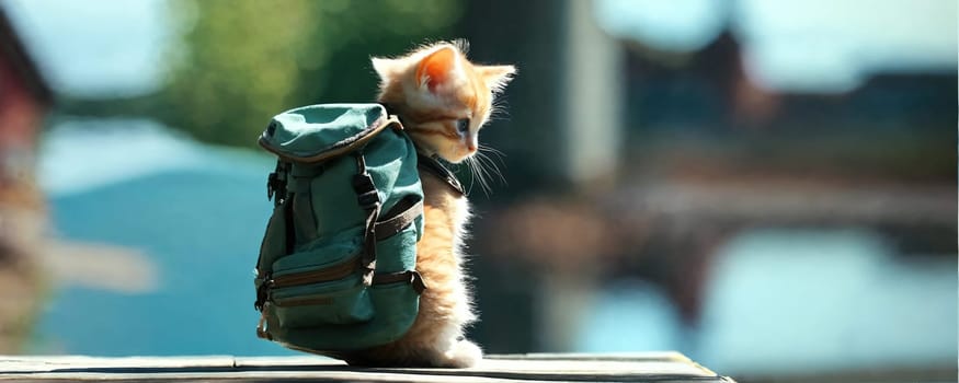 A kitten with a backpack goes on a trip. Generative AI. High quality photo