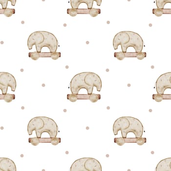 Baby toy pattern. Watercolor seamless pattern with wooden elephant on wheels and dots. Ornament in beige tones in Scandinavian boho style. For printing on children's textiles, pajamas, bed linen, diapers. High quality illustration