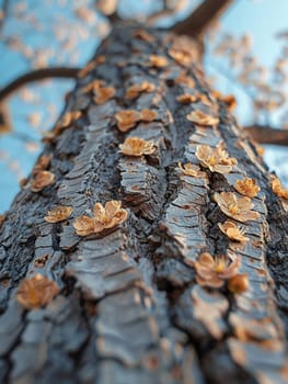 Blooming cherry blossoms against blue sky, ideal for spring and floral themes. Rough bark texture of an old tree, great for nature and rustic designs.