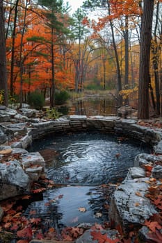 A serene pond surrounded by autumn foliage, offering a peaceful retreat.