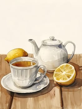 A still life painting featuring a cup of tea, a teapot, and a lemon on a wooden table, showcasing a blend of drinkware, dishware, and fresh fruit