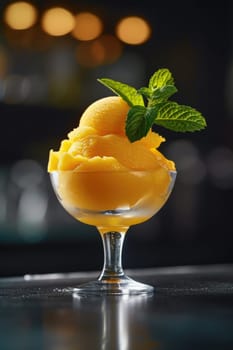 Mango sorbet in a glass on the table . Popsicle in a glass.