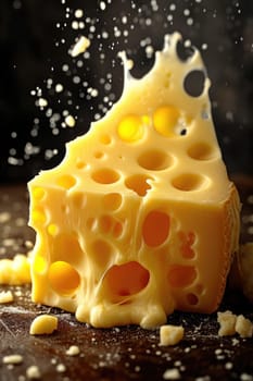 Delicious fresh cheese with holes on the kitchen board.