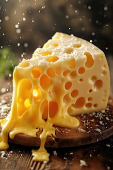 Delicious fresh cheese with holes on the kitchen board.