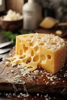 Delicious fresh cheese with holes on the kitchen board.