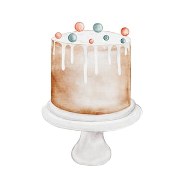 Birthday cake watercolor. Vintage illustration hand drawing of a holiday pie. Clip art isolated on white background sweet pastries. Ideal for designing baby shower and birthday cards and invitations. High quality photo