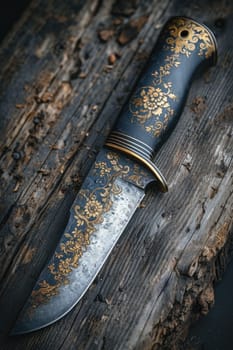 One Stylish Damascus steel kitchen knife on a wooden board.