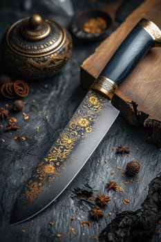 One Stylish Damascus steel kitchen knife on a wooden board.