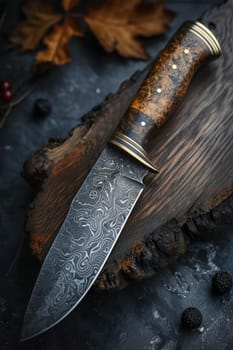 One Stylish Damascus steel kitchen knife on a wooden board.