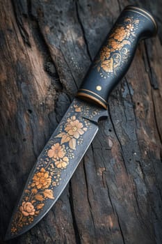 One Stylish Damascus steel kitchen knife on a wooden board.