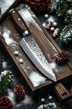 Knives made of Damascus steel on a wooden board.