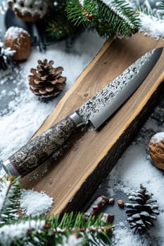 One Stylish Damascus steel kitchen knife on a wooden board.