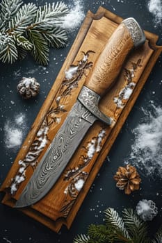 One Stylish Damascus steel kitchen knife on a wooden board.