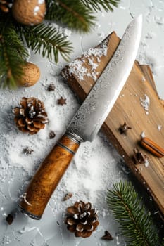 One Stylish Damascus steel kitchen knife on a wooden board.