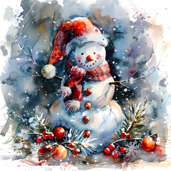 A watercolor painting of a snowman adorned with a Santa hat and scarf, perfect as a Christmas decoration or holiday ornament