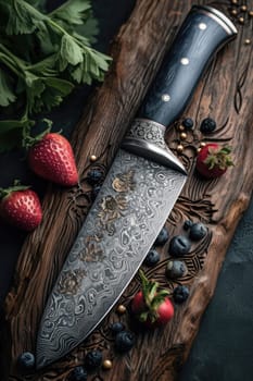 One Stylish Damascus steel kitchen knife on a wooden board.