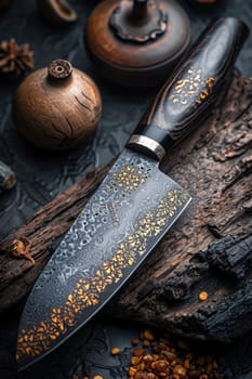 One Stylish Damascus steel kitchen knife on a wooden board.