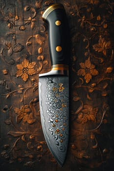 One Stylish Damascus steel kitchen knife on a wooden board.