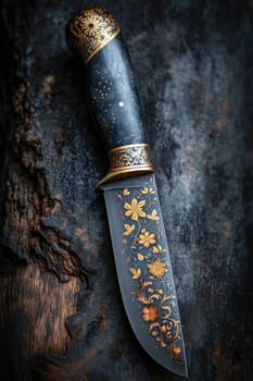 One Stylish Damascus steel kitchen knife on a wooden board.