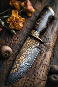 One Stylish Damascus steel kitchen knife on a wooden board.