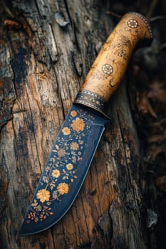 One Stylish Damascus steel kitchen knife on a wooden board.