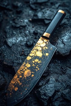 One Stylish Damascus steel kitchen knife on a wooden board.