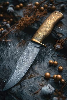 One Stylish Damascus steel kitchen knife on a wooden board.