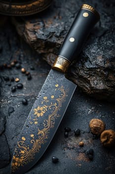 One Stylish Damascus steel kitchen knife on a wooden board.