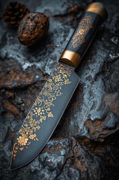 One Stylish Damascus steel kitchen knife on a wooden board.