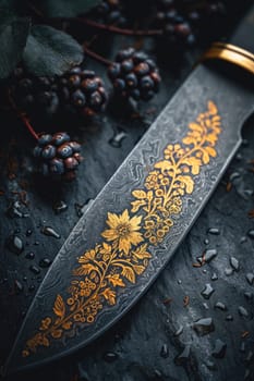 One Stylish Damascus steel kitchen knife on a wooden board.