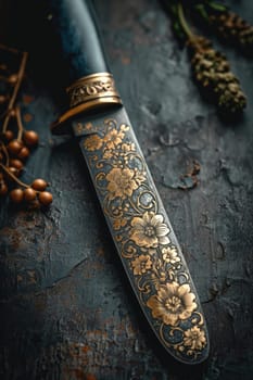 One Stylish Damascus steel kitchen knife on a wooden board.