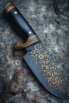 One Stylish Damascus steel kitchen knife on a wooden board.