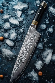 Knives made of Damascus steel on a wooden board.