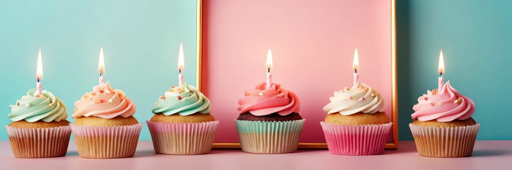 Colorful cupcakes with lit candles are displayed against a pink background, indicating an indoor celebration event marking of joy and celebrating. with free space.