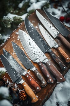 Top view of Damascus steel kitchen Knives on a wooden board.