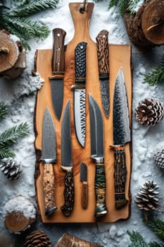 Top view of Damascus steel kitchen Knives on a wooden board.