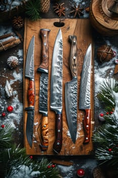 Top view of Damascus steel kitchen Knives on a wooden board.