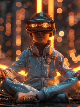 Boy wearing Virtual Reality goggles headset.