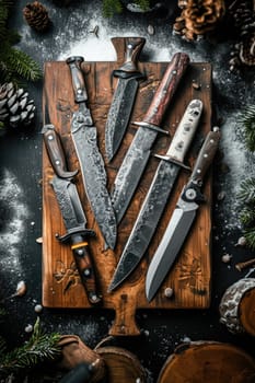 Top view of Damascus steel kitchen Knives on a wooden board.