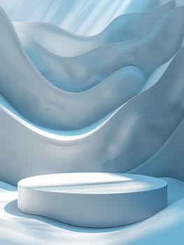 Podium and sculpture of a wave background. showcase and product concept.