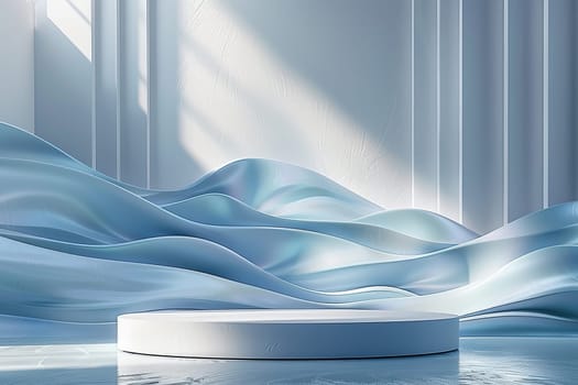 Podium and sculpture of a wave background. showcase and product concept.