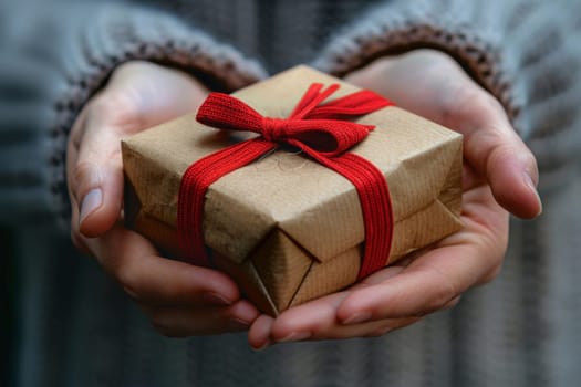 A woman is holding a brown box with a green ribbon on it. She is giving the box to another person