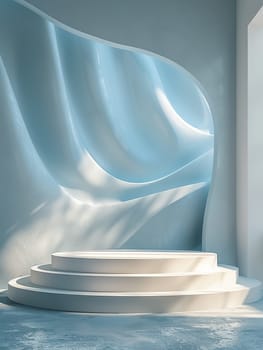 Podium and sculpture of a wave background. showcase and product concept.