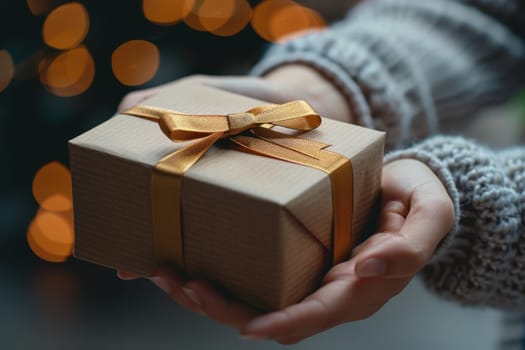 A woman is holding a brown box with a green ribbon on it. She is giving the box to another person