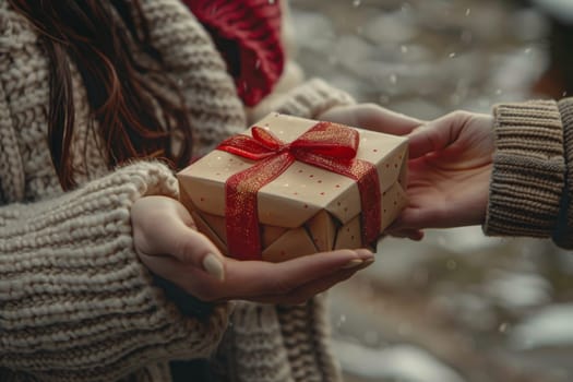 A woman is holding a brown box with a green ribbon on it. She is giving the box to another person