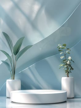 Podium and sculpture of a wave background. showcase and product concept.