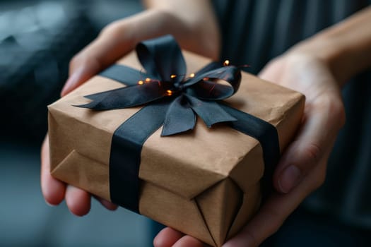 A woman is holding a brown box with a green ribbon on it. She is giving the box to another person